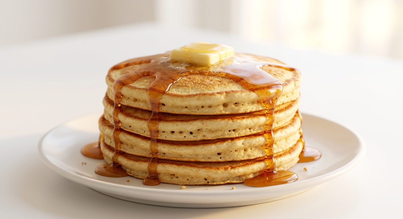 ふわふわアメリカンパンケーキ、バターとメープルシロップがけ